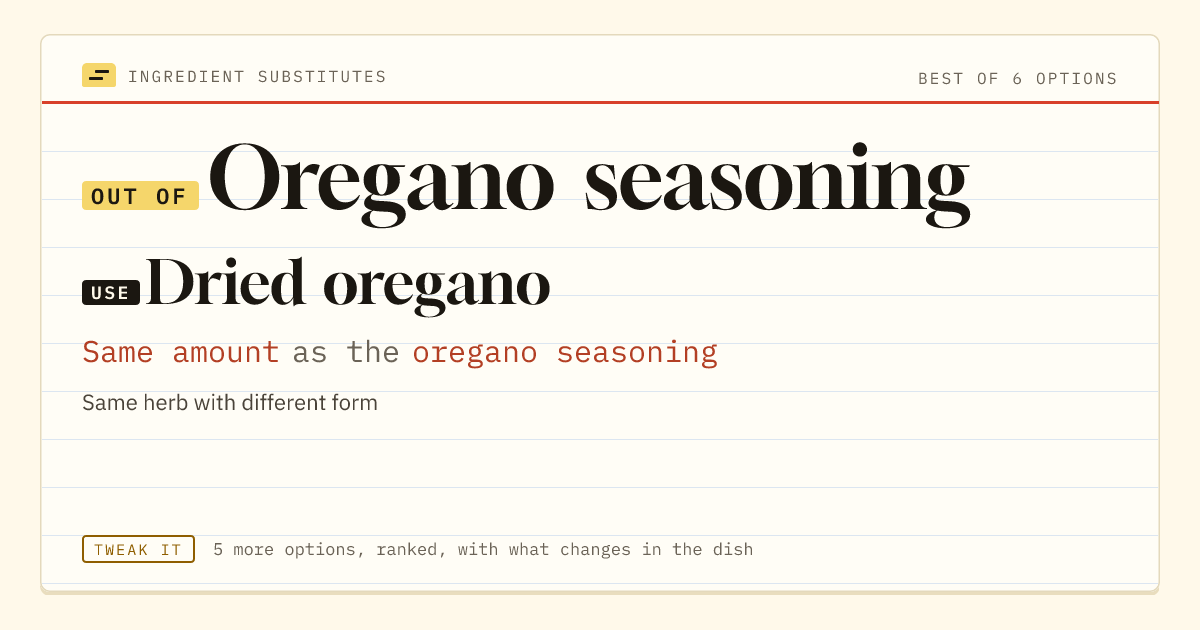 Oregano seasoning substitute: use dried oregano. Same amount as the oregano seasoning.