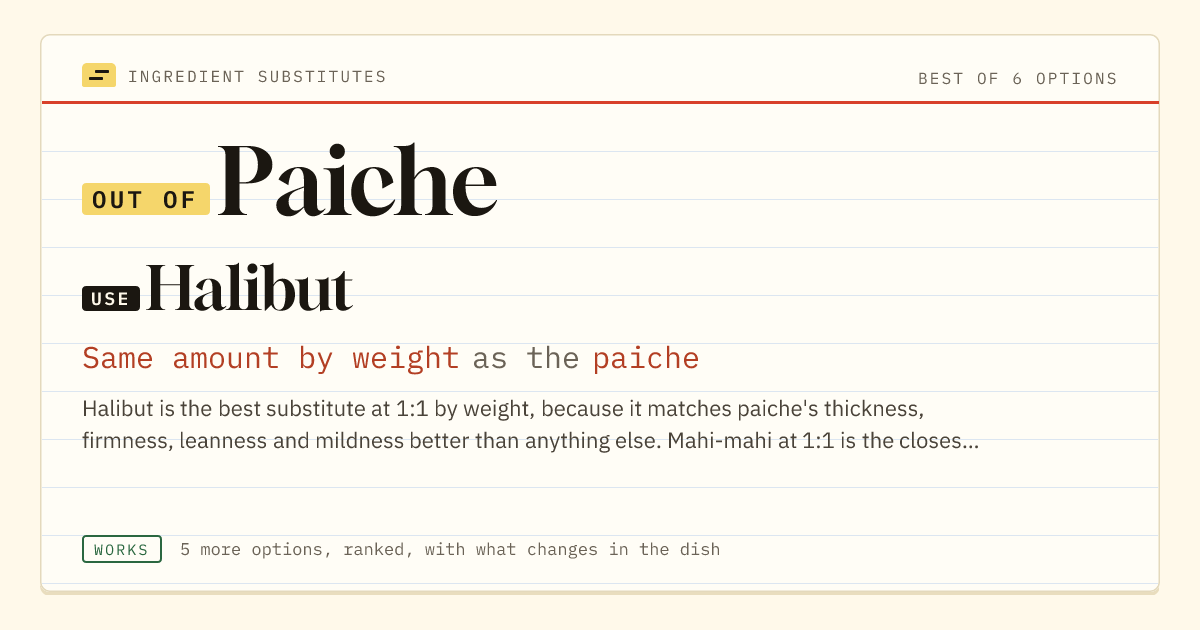 Paiche substitute: use halibut. Same amount by weight as the paiche.