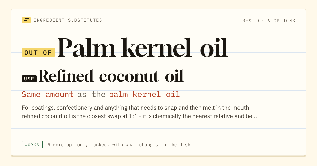 Palm kernel oil substitute: use refined coconut oil. Same amount as the palm kernel oil.