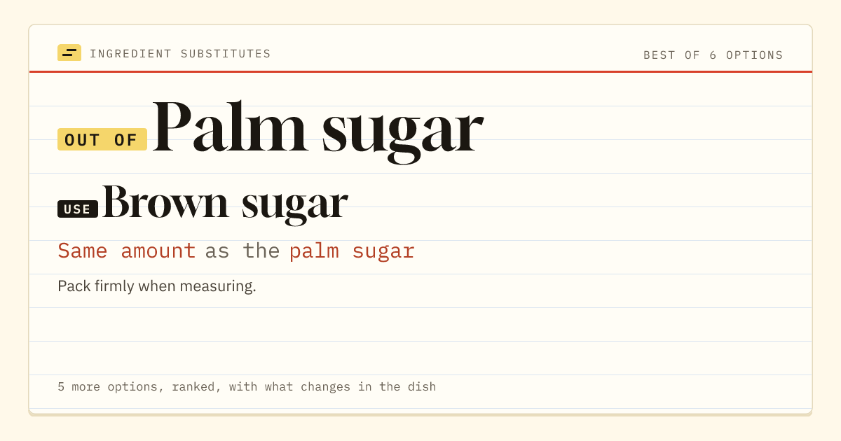 Palm sugar substitute: use brown sugar. Same amount as the palm sugar.