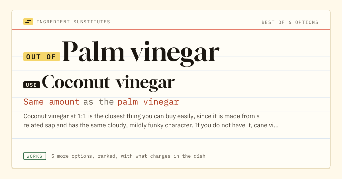 Palm vinegar substitute: use coconut vinegar. Same amount as the palm vinegar.