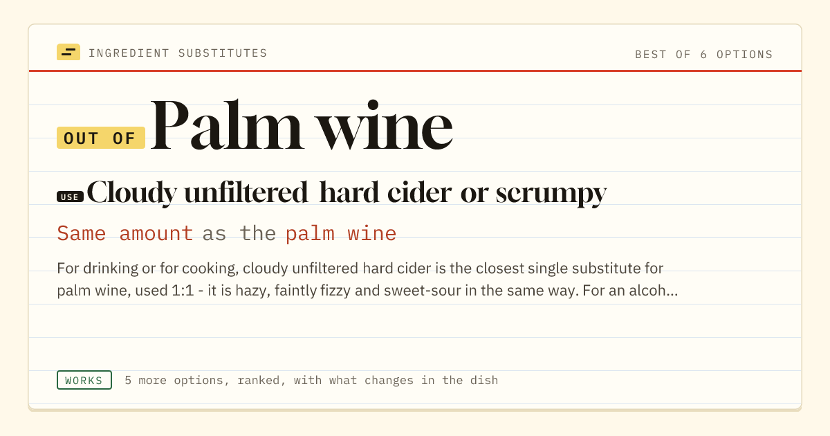 Palm wine substitute: use cloudy unfiltered hard cider or scrumpy. Same amount as the palm wine.