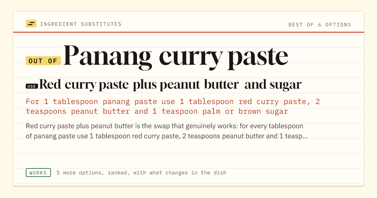Panang curry paste substitute: use red curry paste plus peanut butter and sugar.