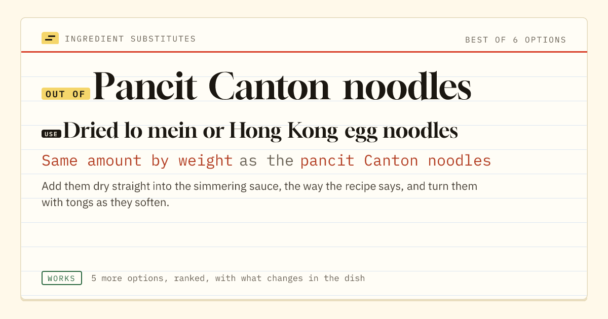 Pancit Canton noodles substitute: use dried lo mein or Hong Kong egg noodles. Same amount by weight as the pancit Canton noodles.