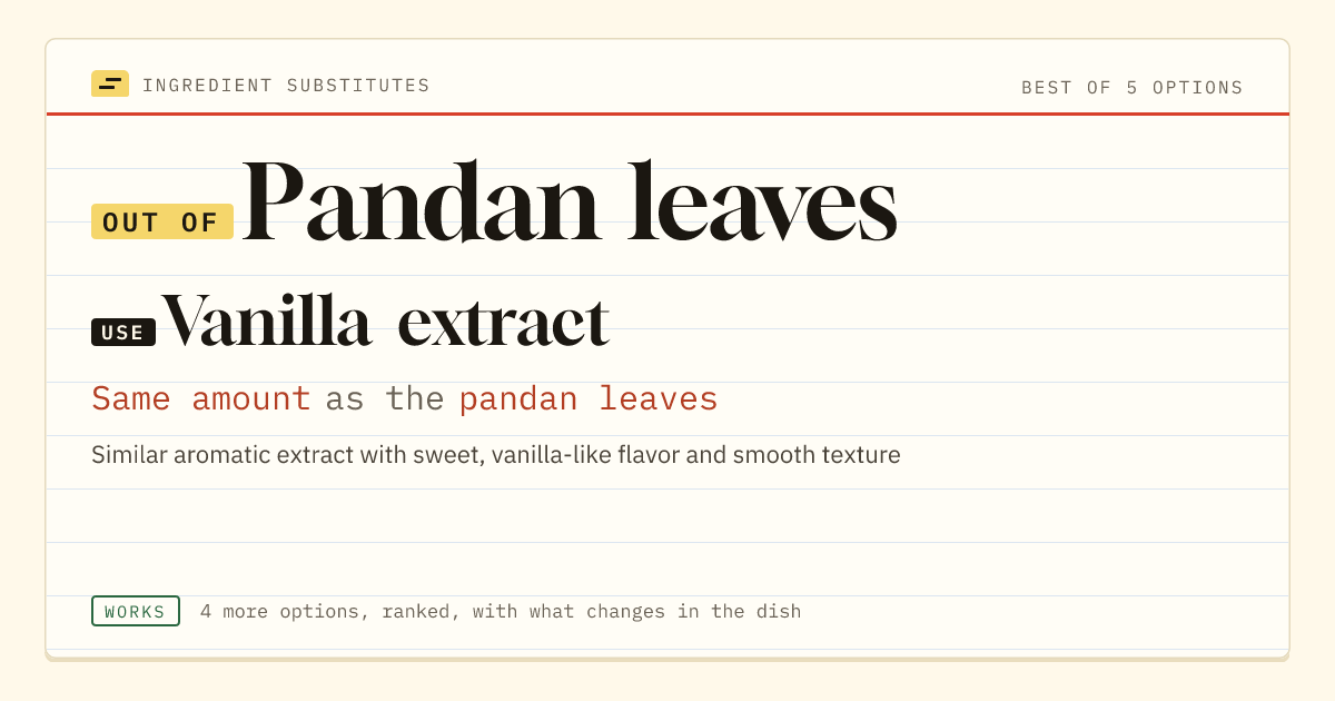 Pandan leaves substitute: use vanilla extract. Same amount as the pandan leaves.