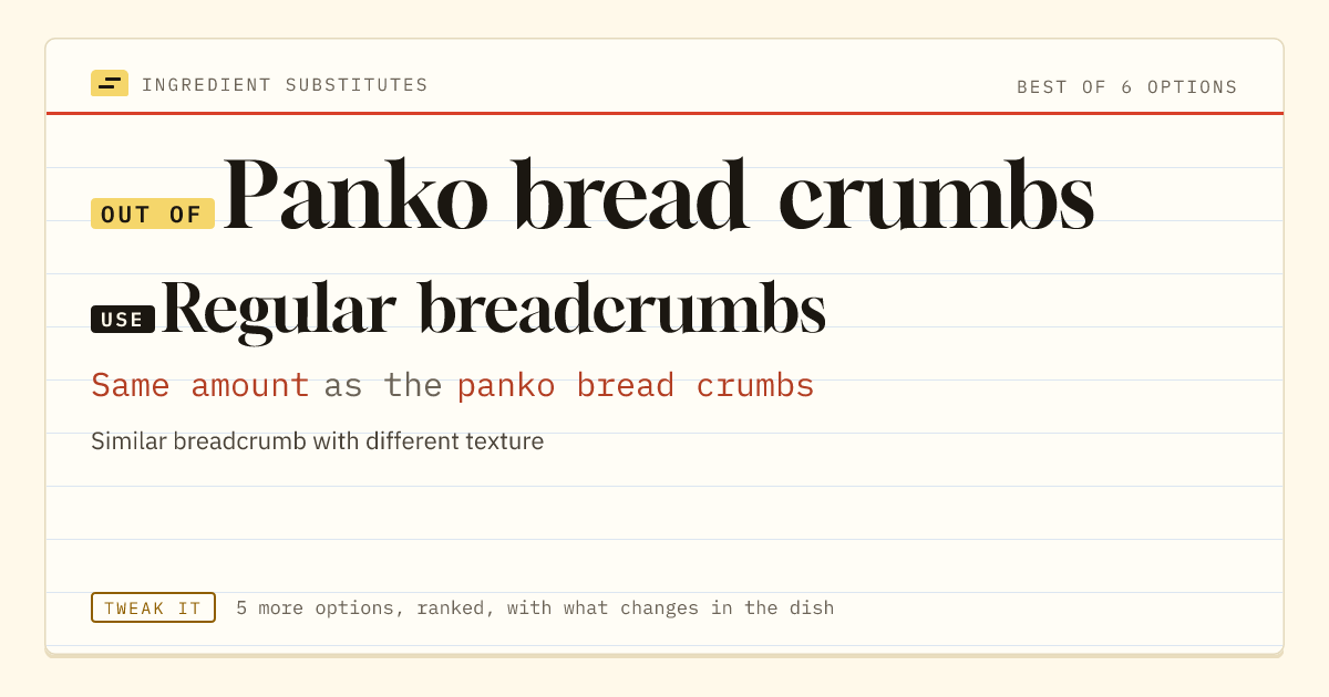 Panko bread crumbs substitute: use regular breadcrumbs. Same amount as the panko bread crumbs.