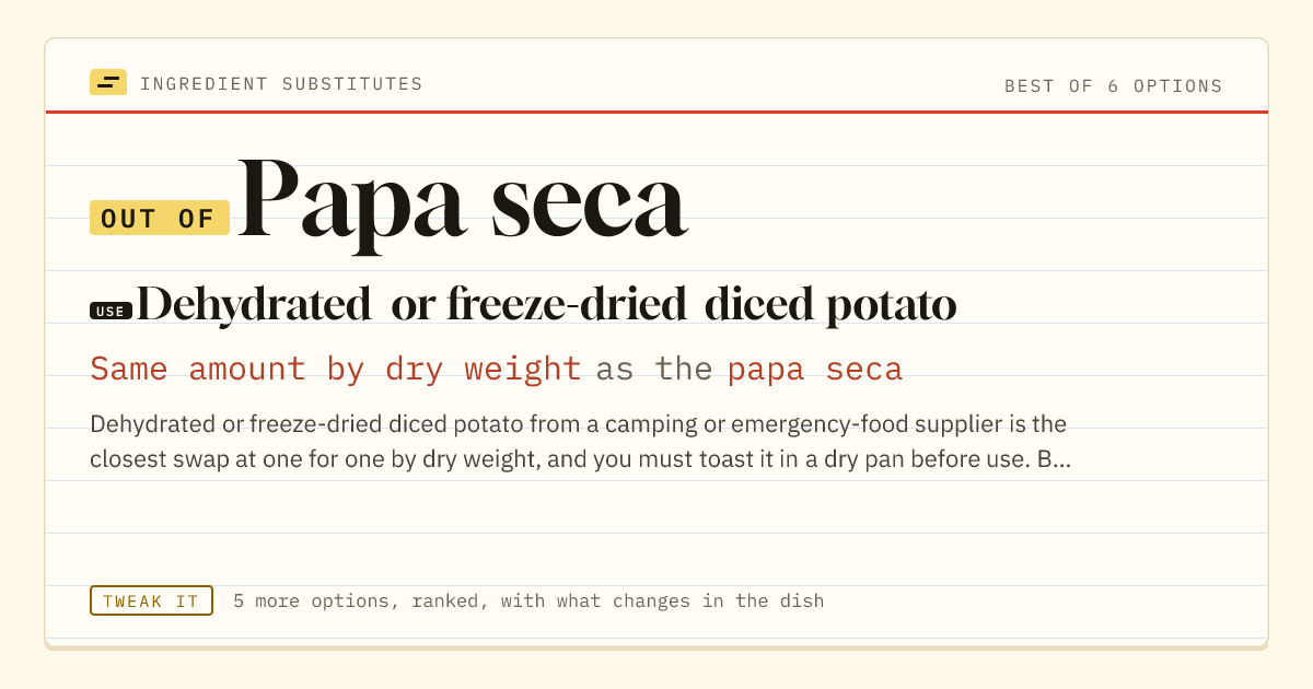 Papa seca substitute: use dehydrated or freeze-dried diced potato. Same amount by dry weight as the papa seca.
