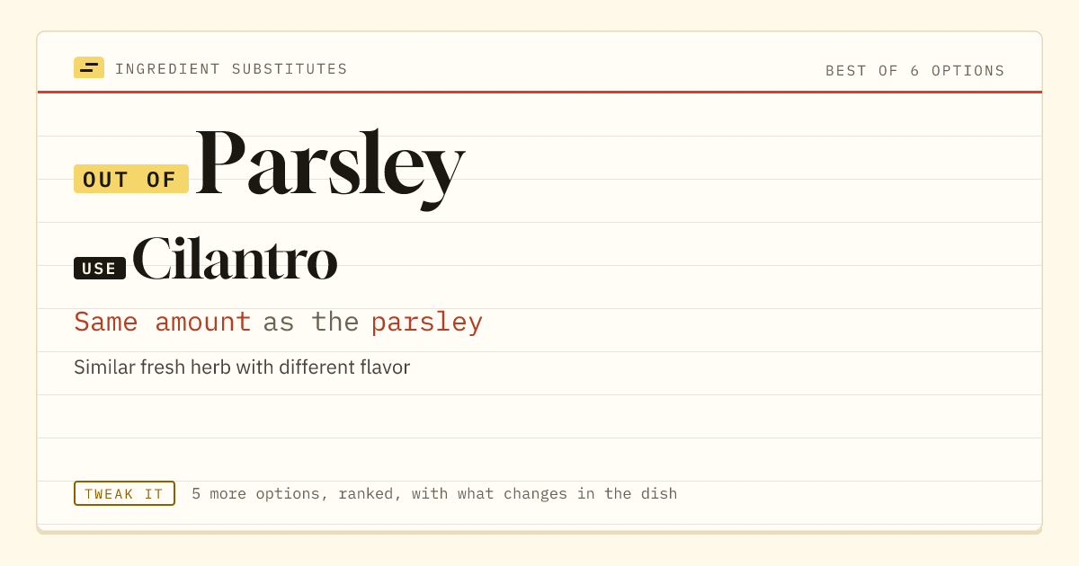 Parsley substitute: use cilantro. Same amount as the parsley.