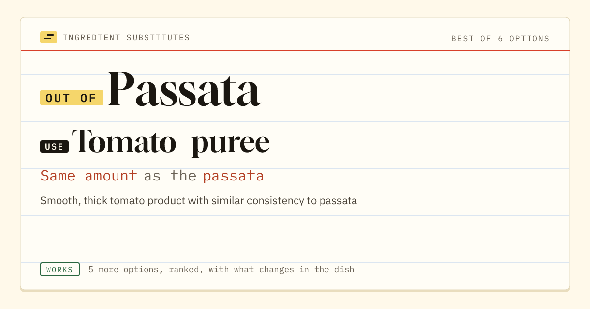 Passata substitute: use tomato puree. Same amount as the passata.