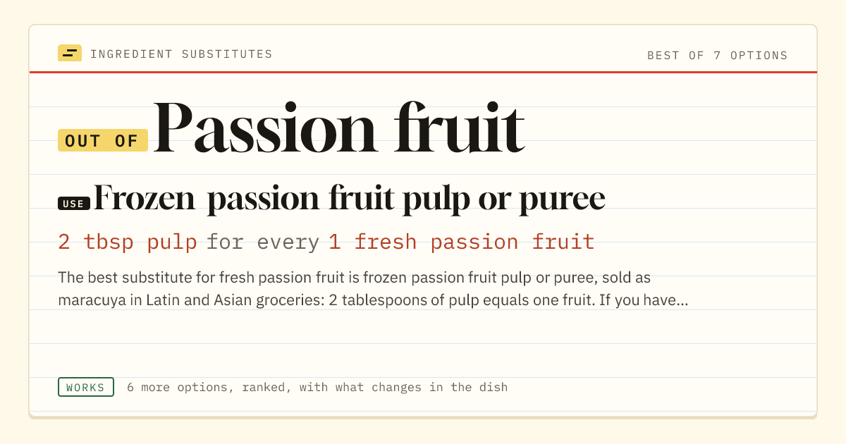 Passion fruit substitute: use frozen passion fruit pulp or puree. 2 tbsp pulp for every 1 fresh passion fruit.