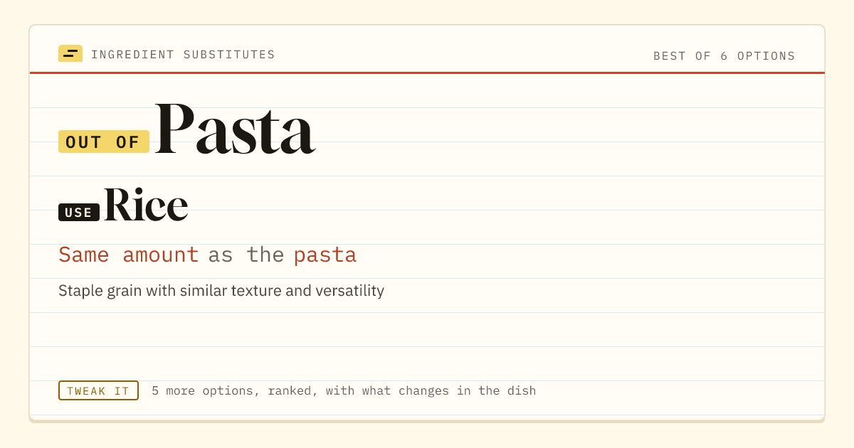 Pasta substitute: use rice. Same amount as the pasta.