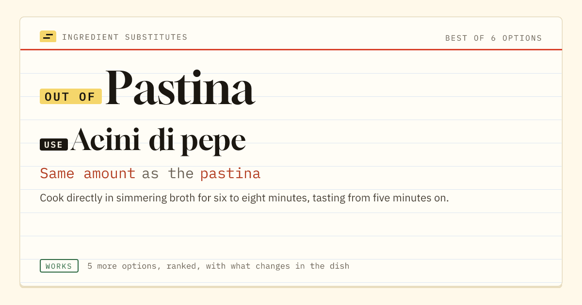 Pastina substitute: use acini di pepe. Same amount as the pastina.