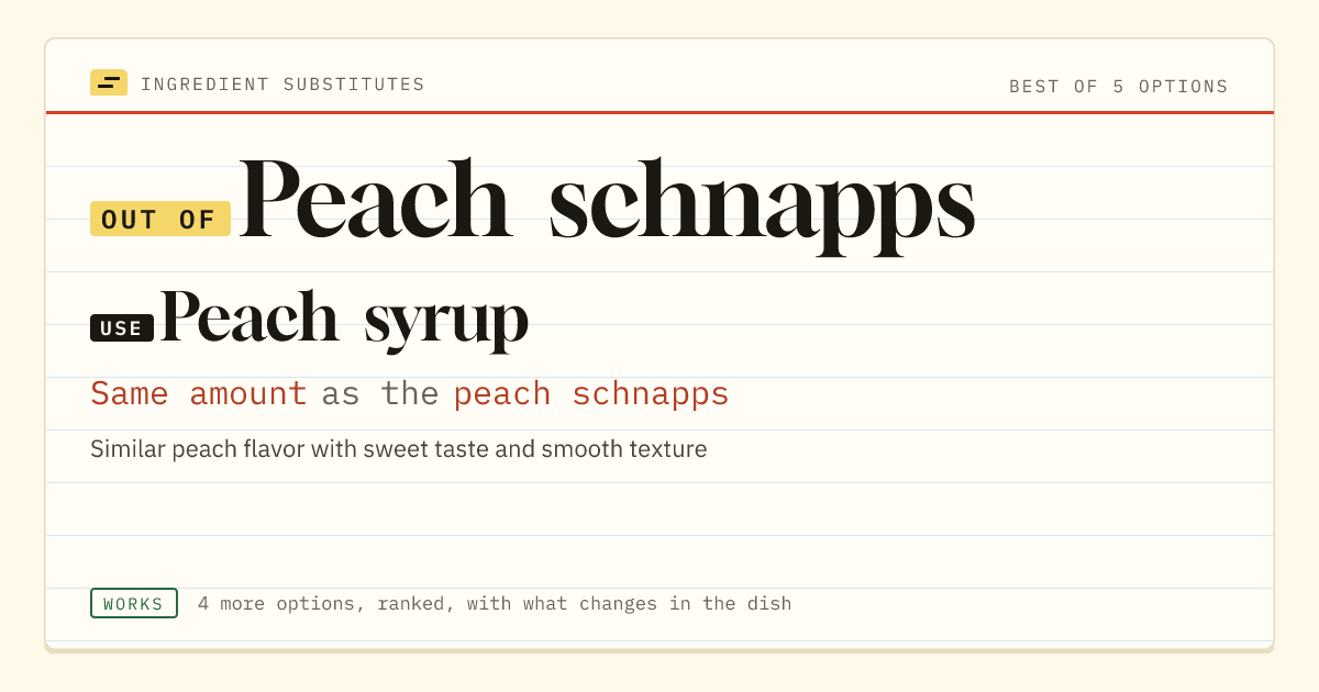 Peach schnapps substitute: use peach syrup. Same amount as the peach schnapps.