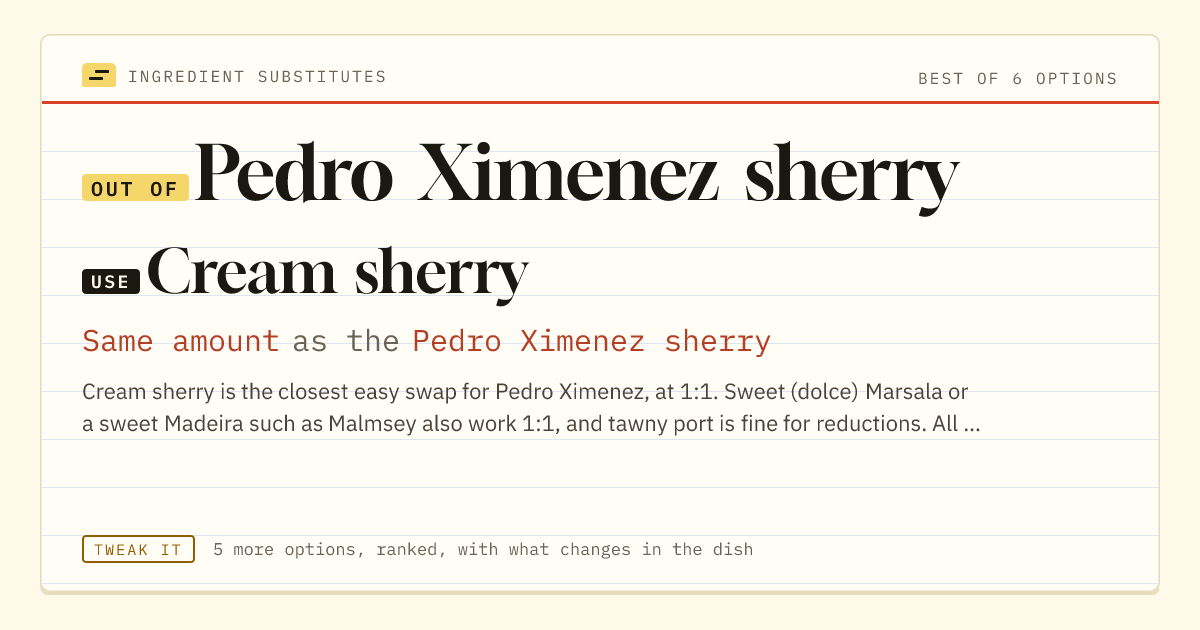 Pedro Ximenez sherry substitute: use cream sherry. Same amount as the Pedro Ximenez sherry.