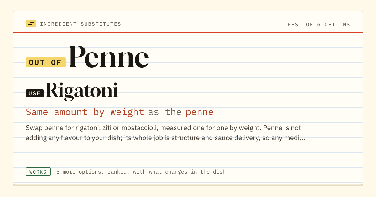 Penne substitute: use rigatoni. Same amount by weight as the penne.