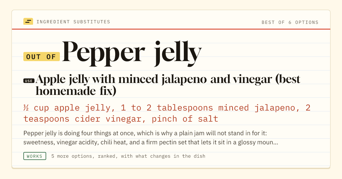 Pepper jelly substitute: use apple jelly with minced jalapeno and vinegar (best homemade fix). ½ cup apple jelly, 1 to 2 tablespoons minced jalapeno, 2 teaspoons cider vinegar, pinch of salt.