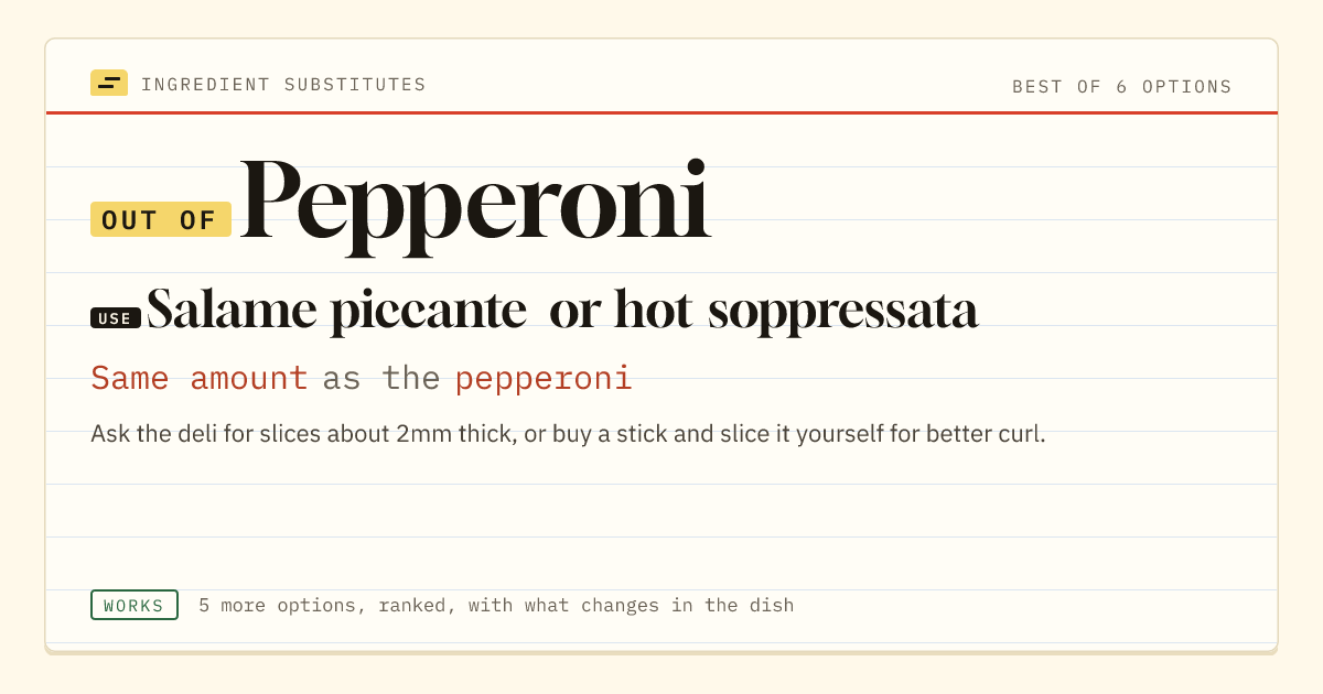 Pepperoni substitute: use salame piccante or hot soppressata. Same amount as the pepperoni.