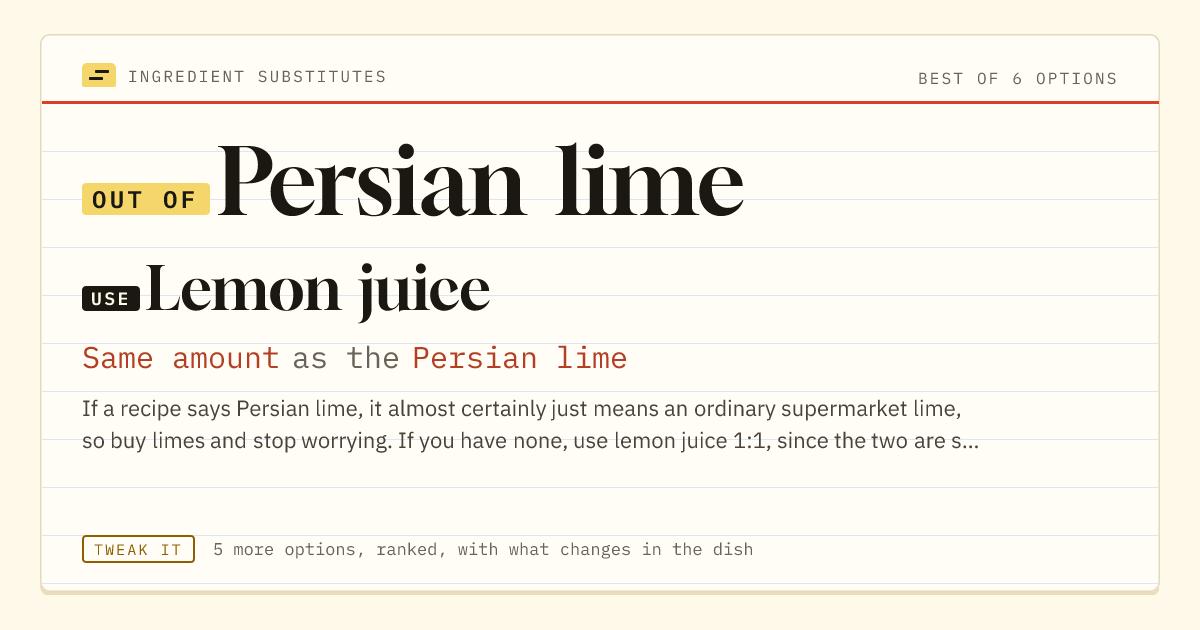Persian lime substitute: use lemon juice. Same amount as the Persian lime.