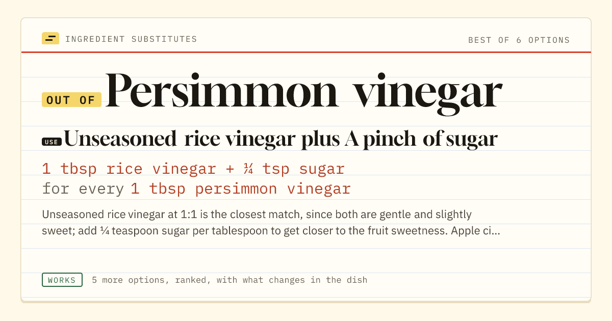 Persimmon vinegar substitute: use unseasoned rice vinegar plus A pinch of sugar. 1 tbsp rice vinegar + ¼ tsp sugar for every 1 tbsp persimmon vinegar.