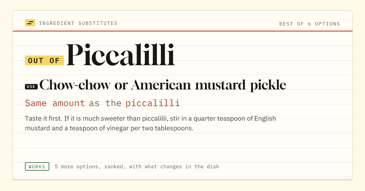 Piccalilli substitute: use chow-chow or American mustard pickle. Same amount as the piccalilli.