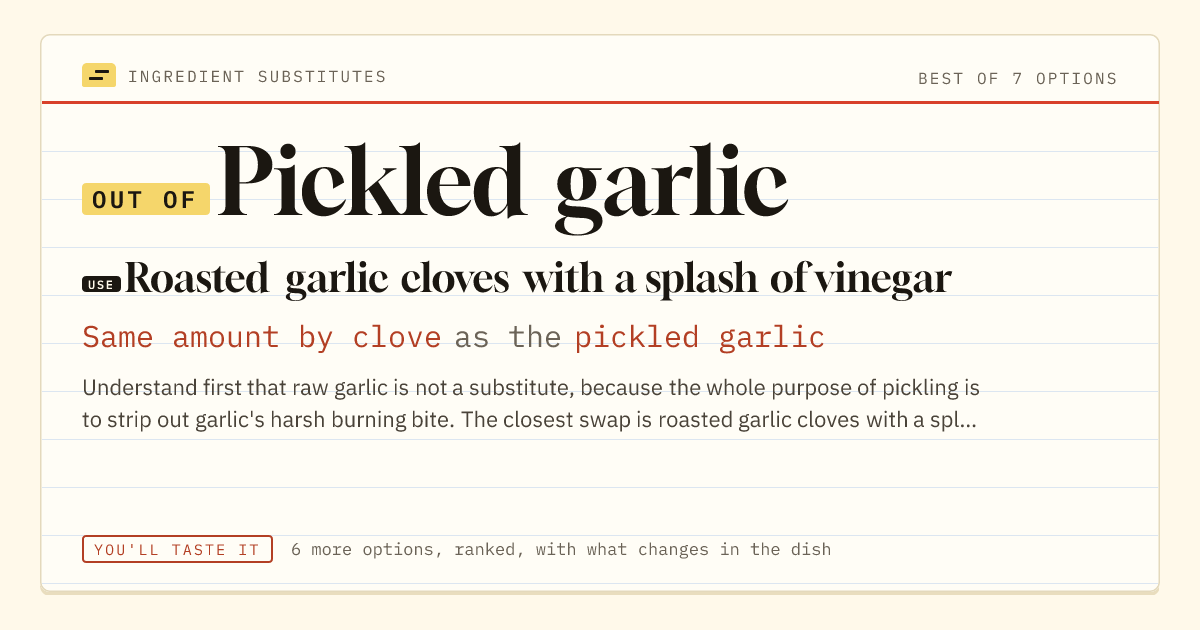 Pickled garlic substitute: use roasted garlic cloves with a splash of vinegar. Same amount by clove as the pickled garlic.
