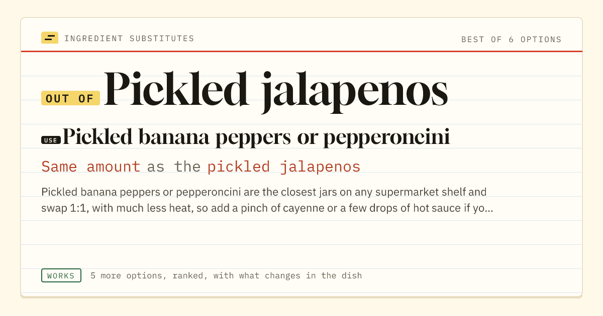 Pickled jalapenos substitute: use pickled banana peppers or pepperoncini. Same amount as the pickled jalapenos.