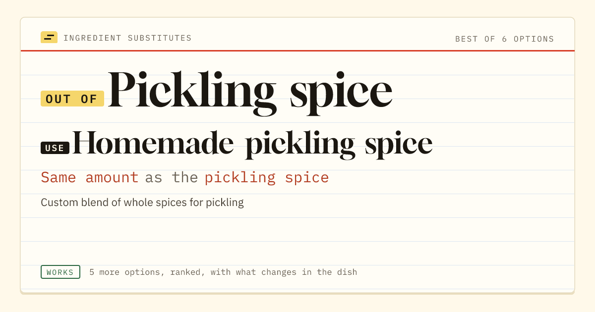Pickling spice substitute: use homemade pickling spice. Same amount as the pickling spice.
