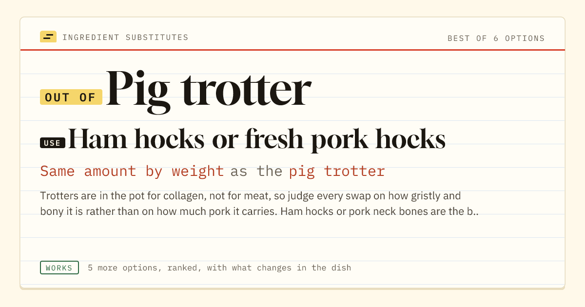 Pig trotter substitute: use ham hocks or fresh pork hocks. Same amount by weight as the pig trotter.