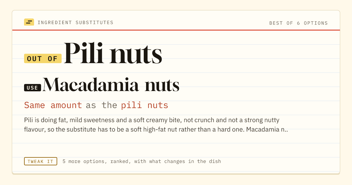 Pili nuts substitute: use macadamia nuts. Same amount as the pili nuts.