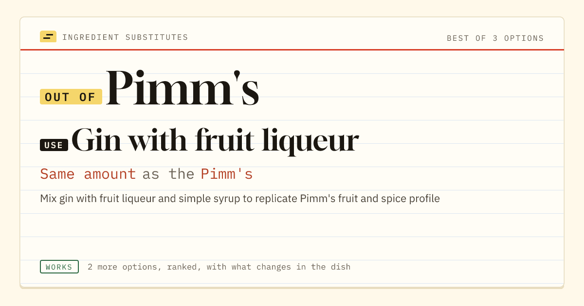 Pimm's substitute: use gin with fruit liqueur. Same amount as the Pimm's.