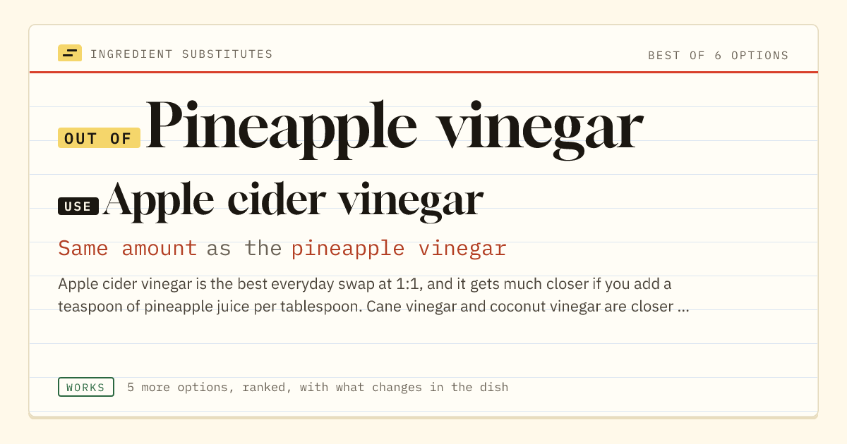 Pineapple vinegar substitute: use apple cider vinegar. Same amount as the pineapple vinegar.