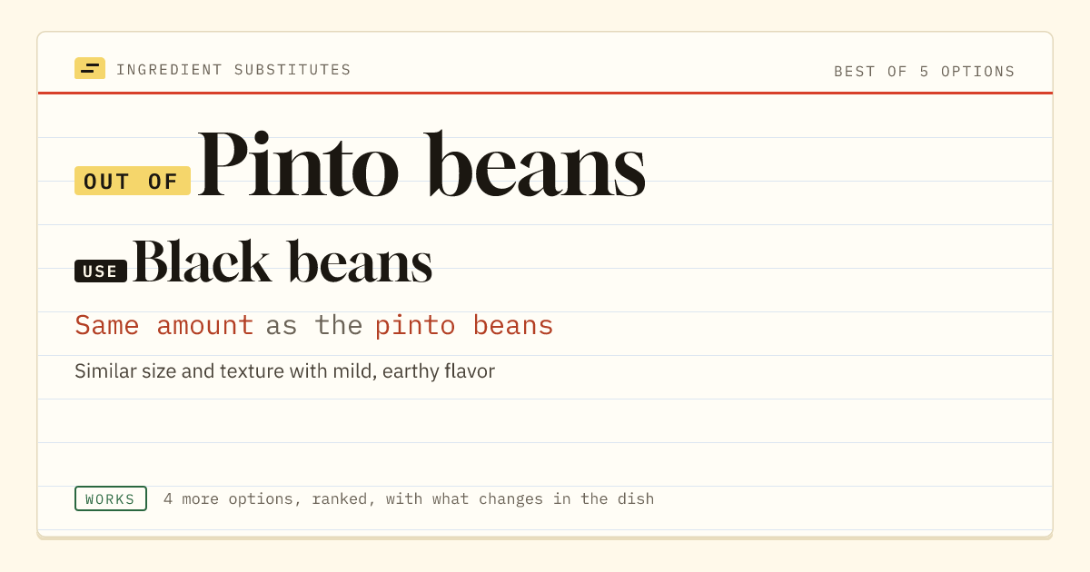 Pinto beans substitute: use black beans. Same amount as the pinto beans.