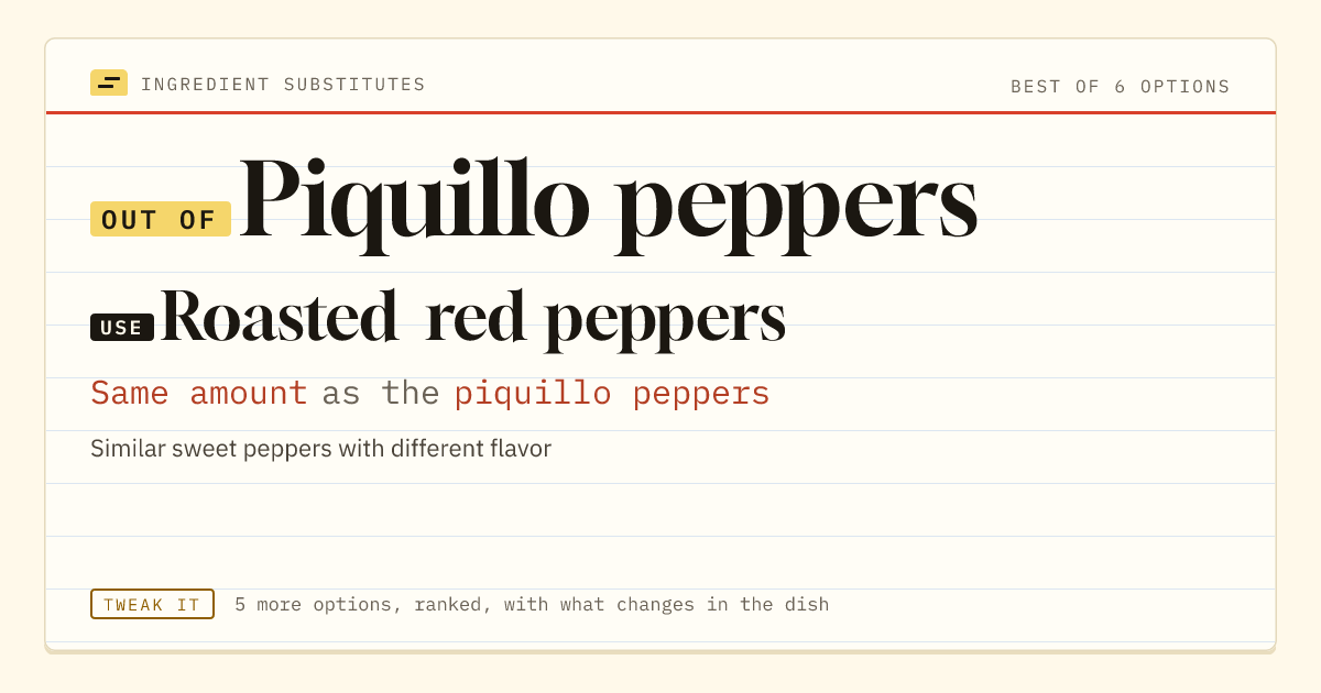 Piquillo peppers substitute: use roasted red peppers. Same amount as the piquillo peppers.