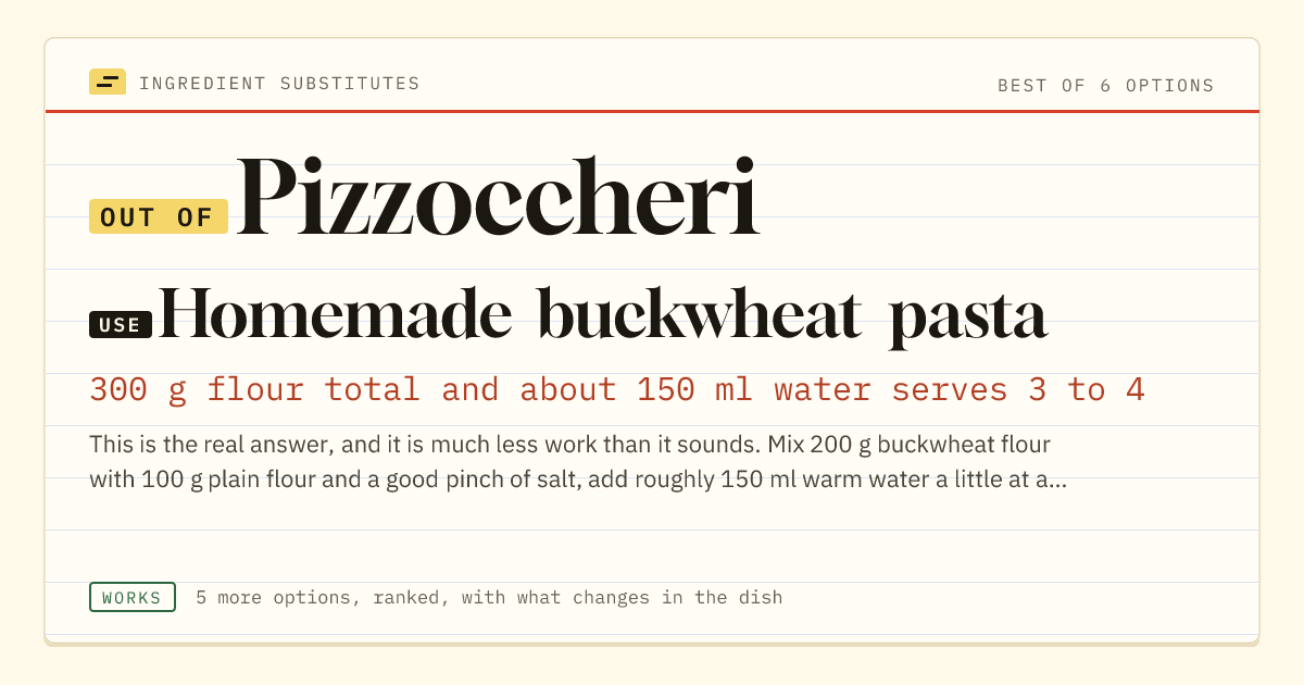 Pizzoccheri substitute: use homemade buckwheat pasta. 300 g flour total and about 150 ml water serves 3 to 4.