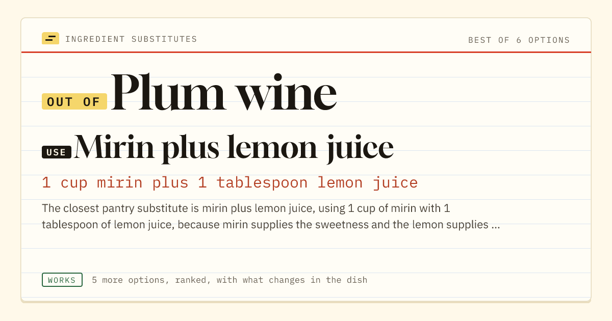 Plum wine substitute: use mirin plus lemon juice. 1 cup mirin plus 1 tablespoon lemon juice.