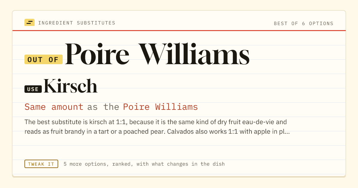Poire Williams substitute: use kirsch. Same amount as the Poire Williams.