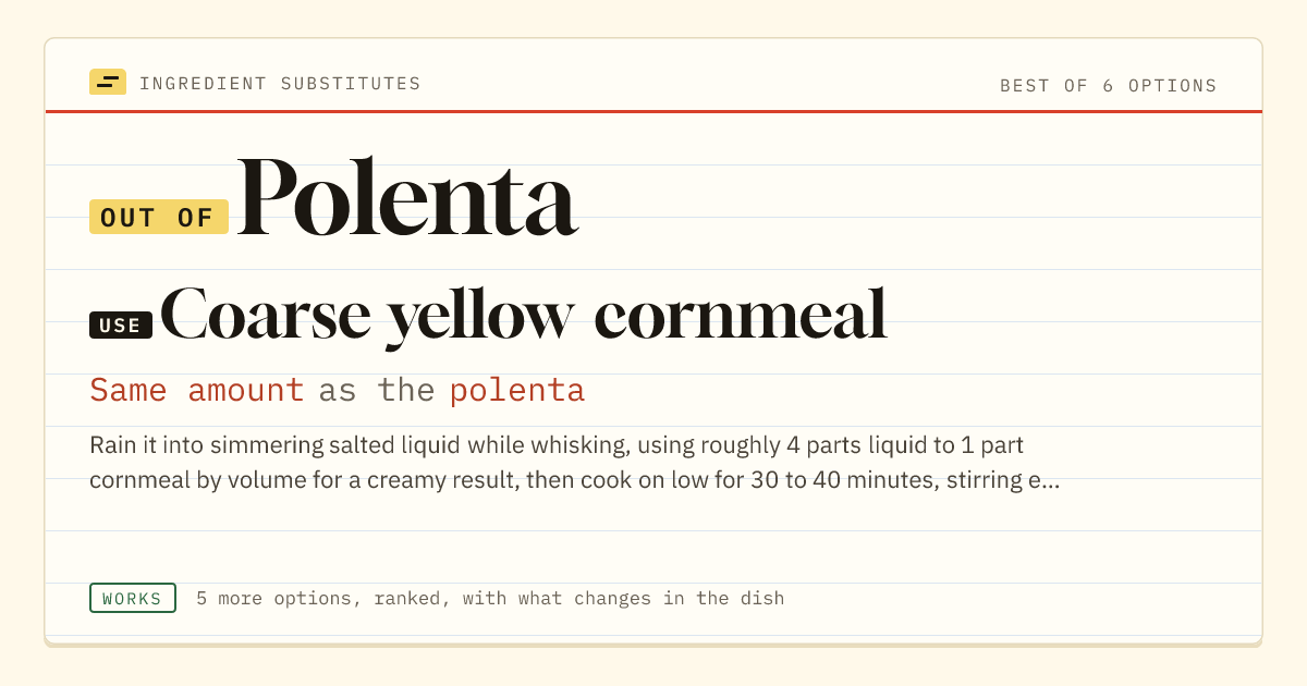 Polenta substitute: use coarse yellow cornmeal. Same amount as the polenta.