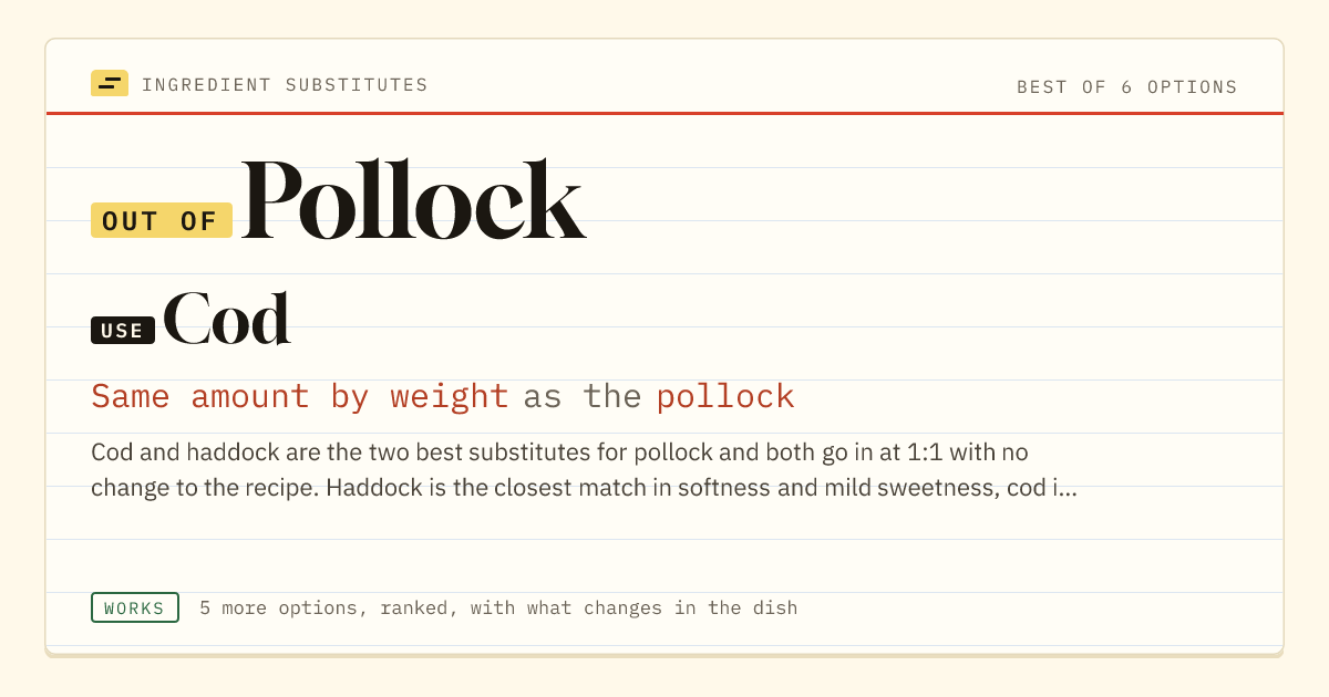 Pollock substitute: use cod. Same amount by weight as the pollock.