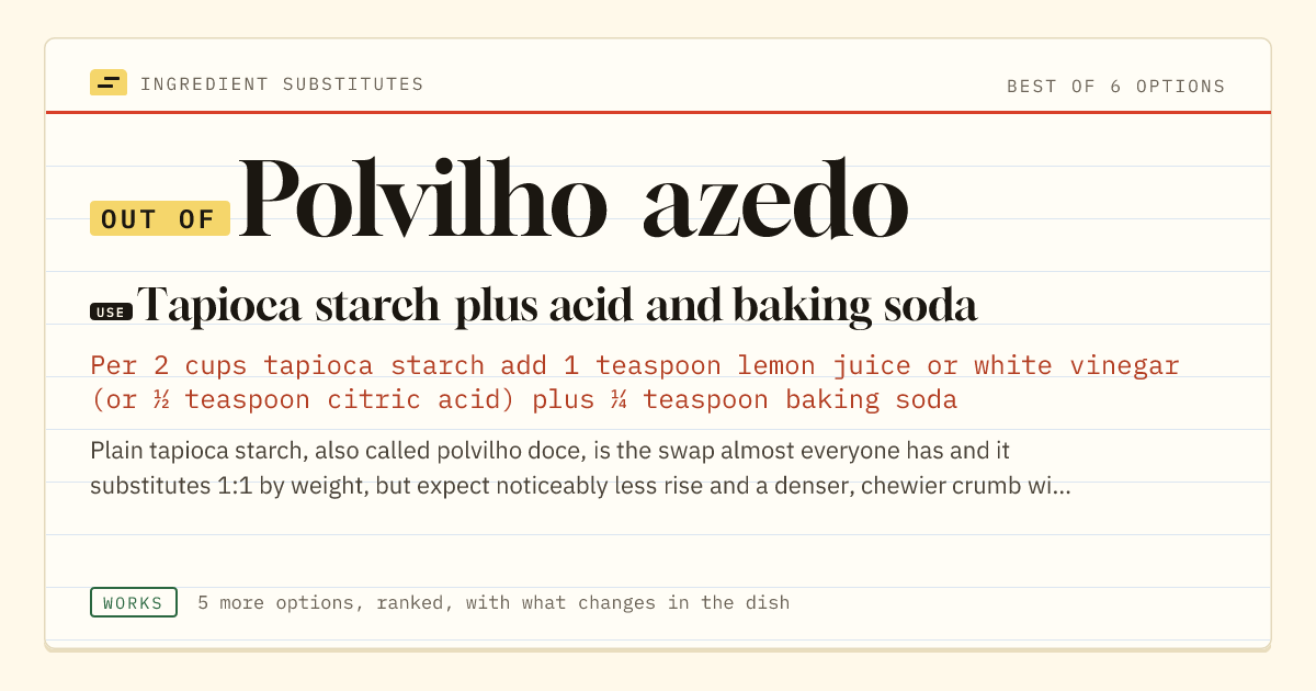 Polvilho azedo substitute: use tapioca starch plus acid and baking soda.