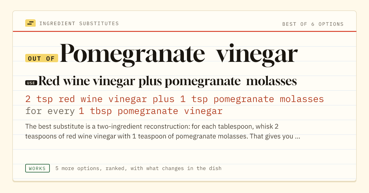 Pomegranate vinegar substitute: use red wine vinegar plus pomegranate molasses. 2 tsp red wine vinegar plus 1 tsp pomegranate molasses for every 1 tbsp pomegranate vinegar.