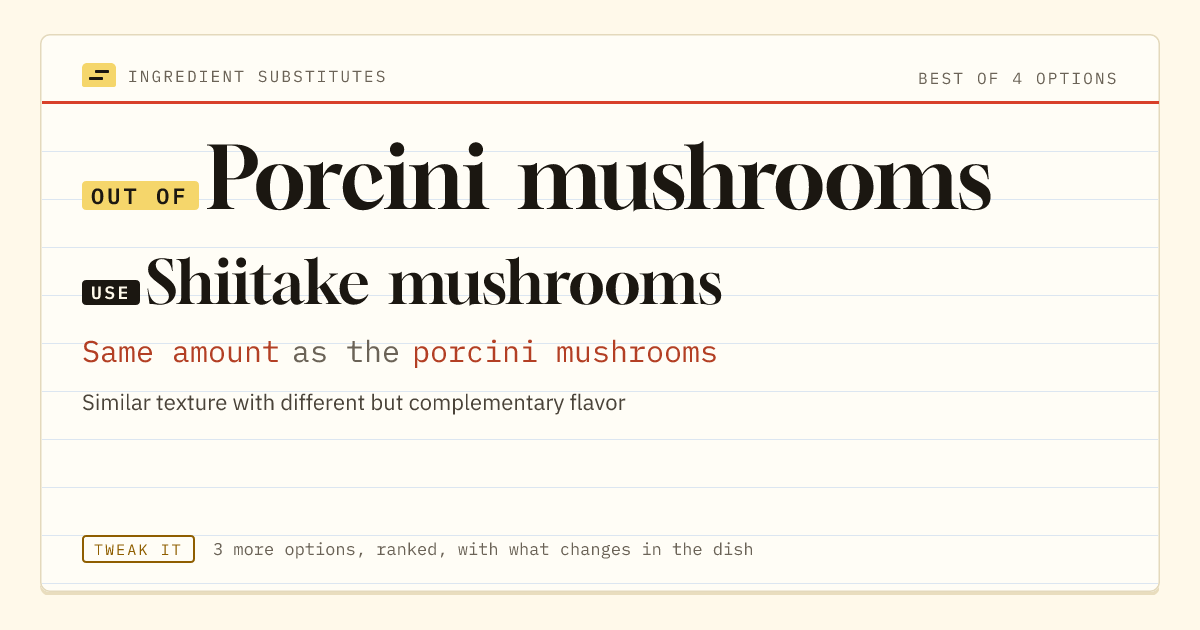 Porcini mushrooms substitute: use shiitake mushrooms. Same amount as the porcini mushrooms.