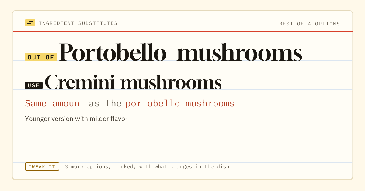 Portobello mushrooms substitute: use cremini mushrooms. Same amount as the portobello mushrooms.