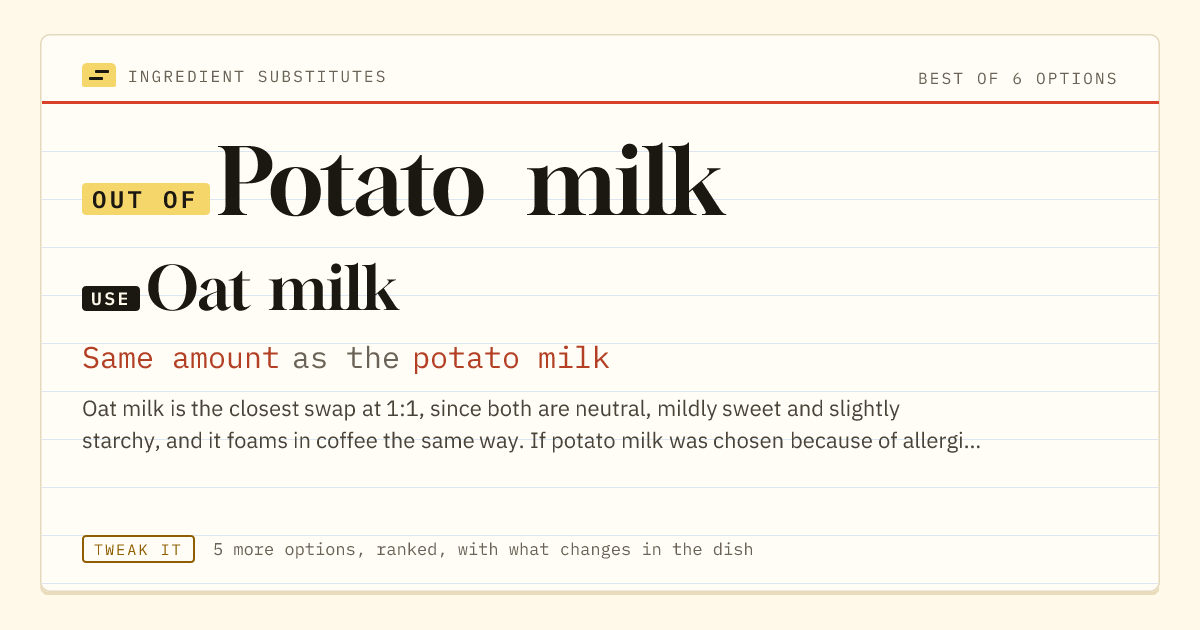 Potato milk substitute: use oat milk. Same amount as the potato milk.