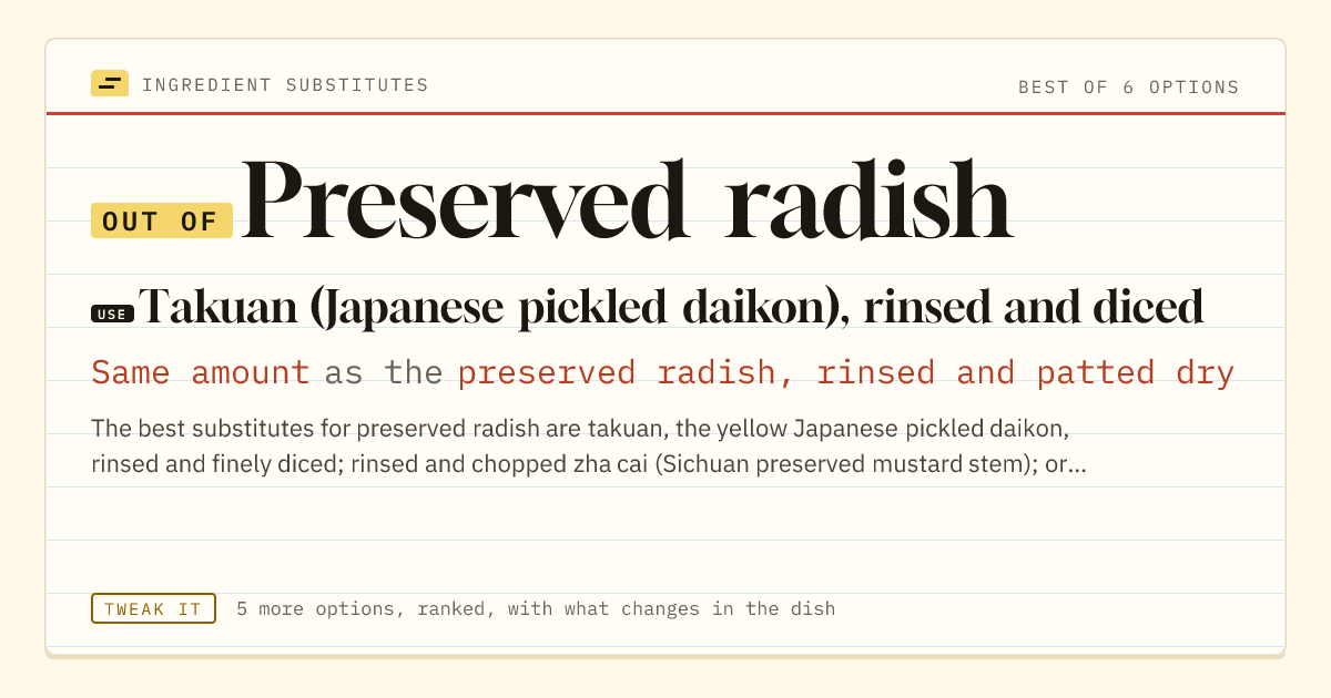 Preserved radish substitute: use takuan (Japanese pickled daikon), rinsed and diced. Same amount as the preserved radish, rinsed and patted dry.