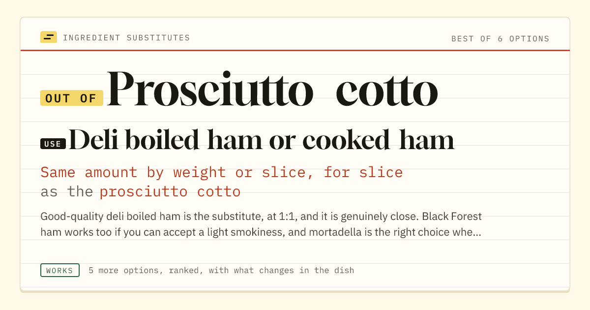 Prosciutto cotto substitute: use deli boiled ham or cooked ham. Same amount by weight or slice, for slice as the prosciutto cotto.
