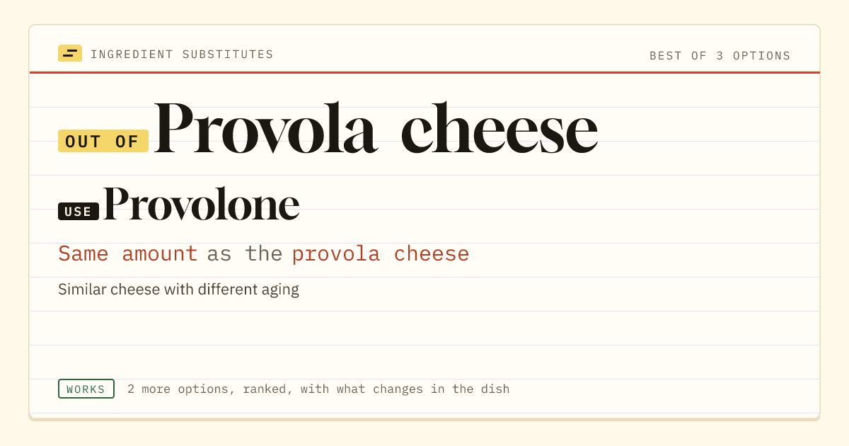 Provola cheese substitute: use Provolone. Same amount as the provola cheese.