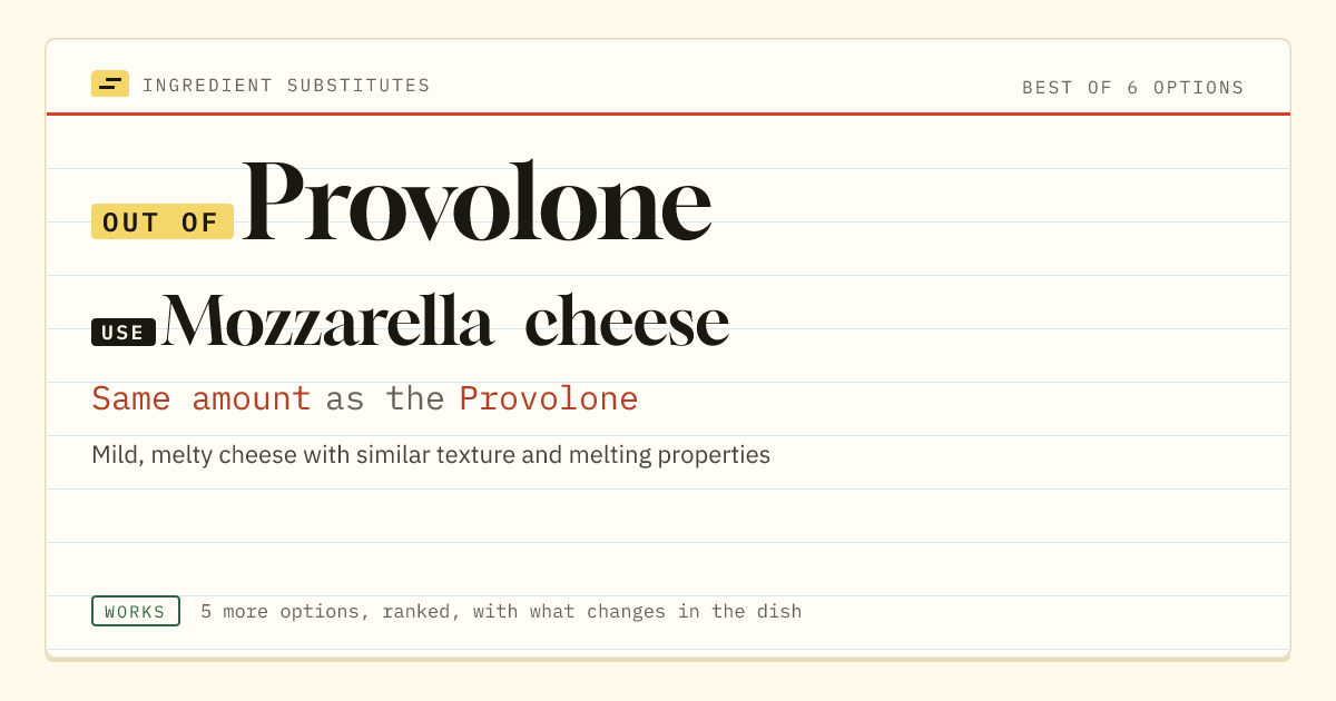 Provolone substitute: use mozzarella cheese. Same amount as the Provolone.