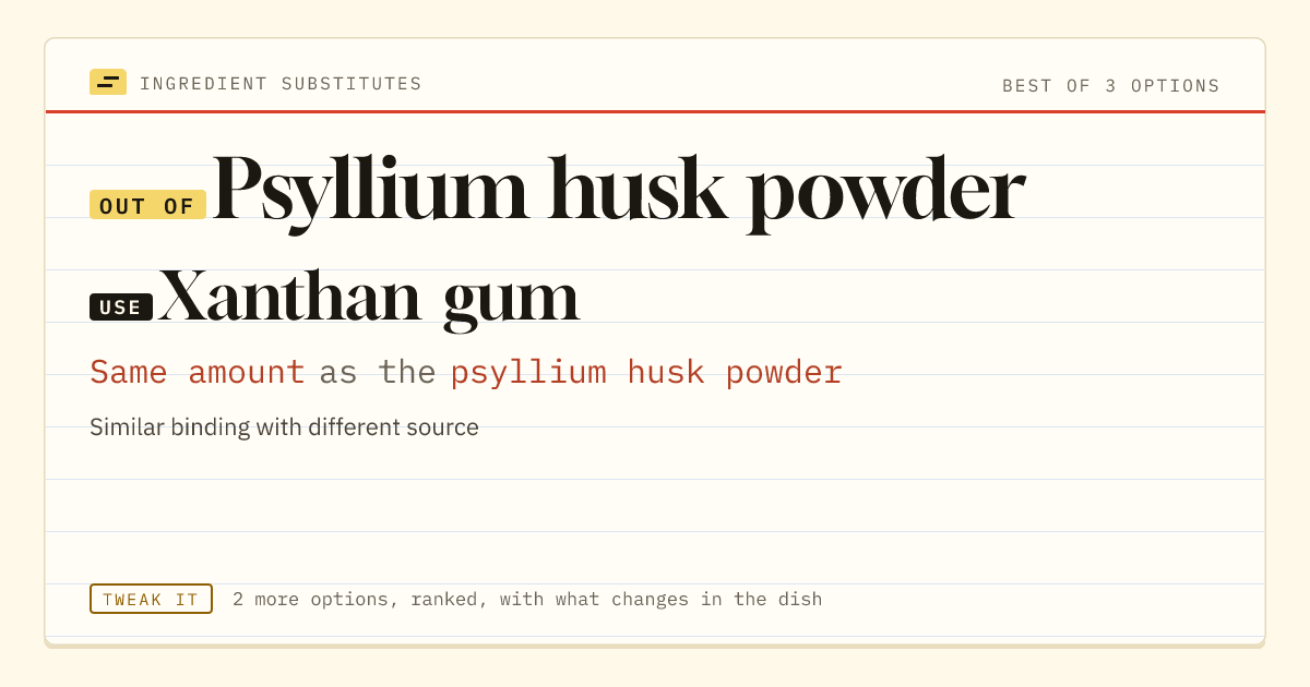 Psyllium husk powder substitute: use xanthan gum. Same amount as the psyllium husk powder.