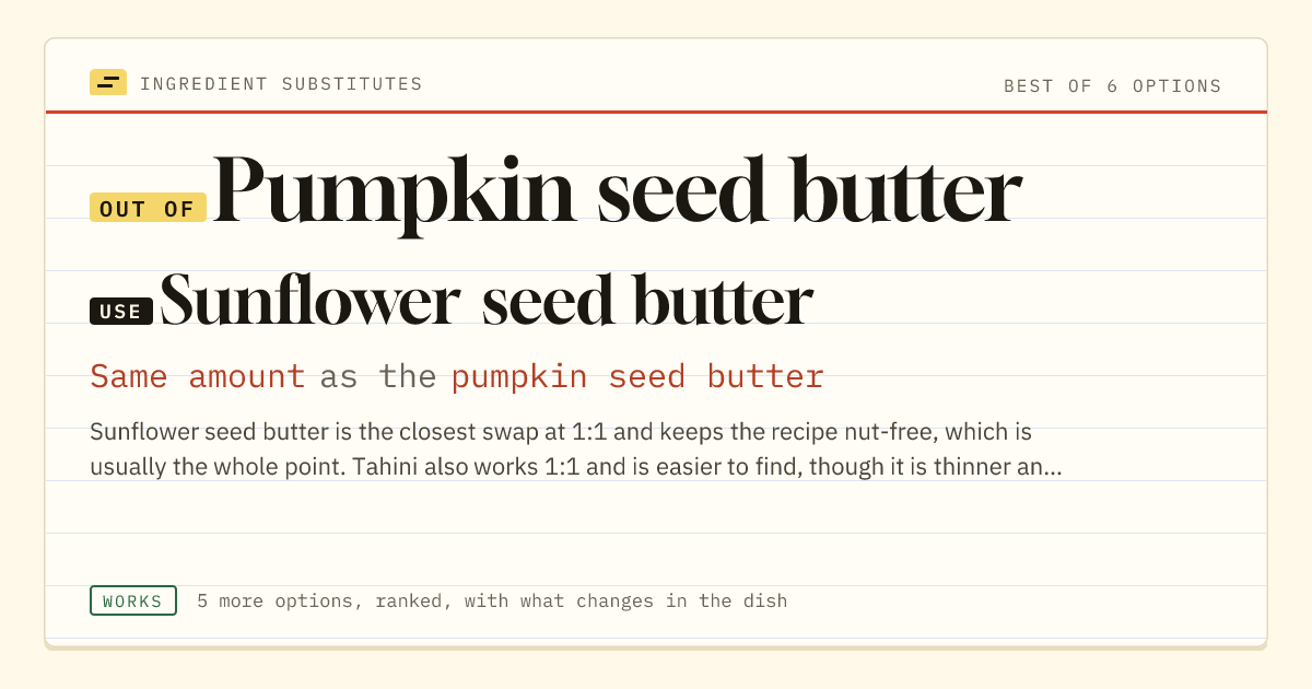 Pumpkin seed butter substitute: use sunflower seed butter. Same amount as the pumpkin seed butter.