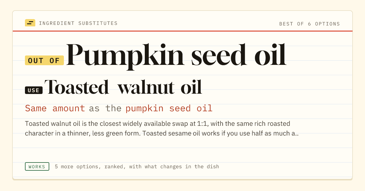 Pumpkin seed oil substitute: use toasted walnut oil. Same amount as the pumpkin seed oil.